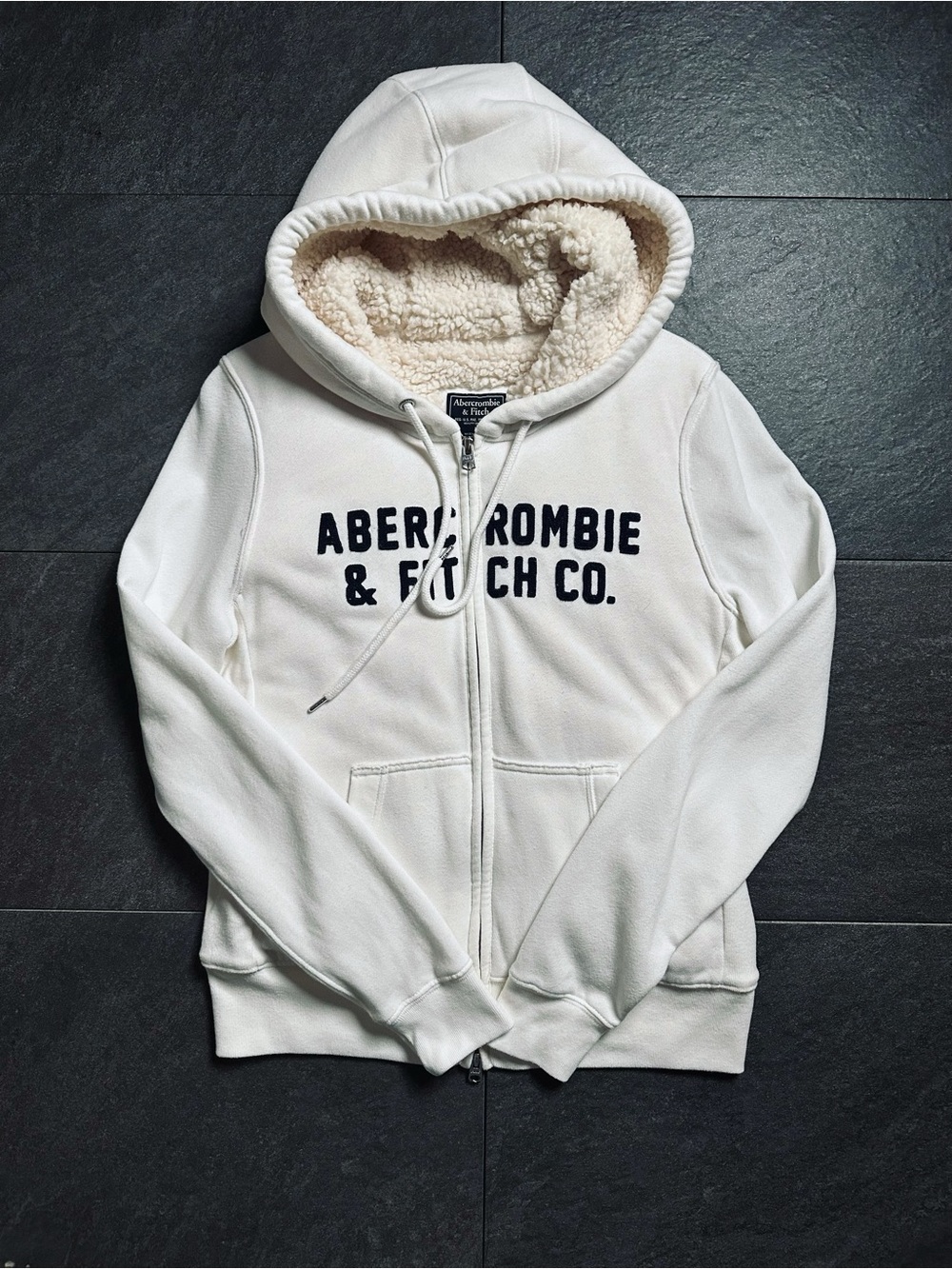 Abercrombie & Fitch Cream Zip-Up Hoodie with Navy Logo Like new Woman Size M